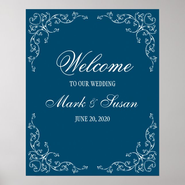 Elégant Flourish Ocean Blue Mariage Welcome Poster (Devant)
