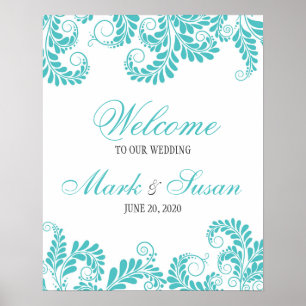 Elégant Flourish Turquoise Mariage Welcome Poster