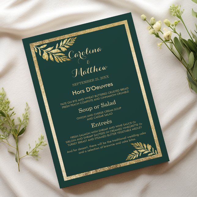 Elégant forêt vert feuille d'or Mariage Menu (Elegant forest green golden leaf Wedding Menu)