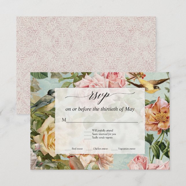 Elégant Français Floral Blush Aqua Rose Birds RSVP (Devant / Derrière)