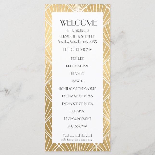 Élégant Gatsby Déco White & Gold Wedding Programme (Devant)