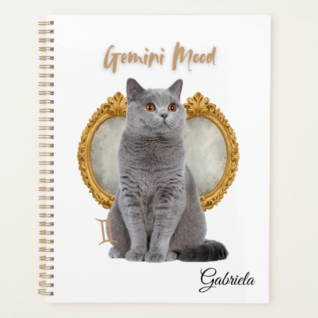 Elegant Gemini Zodiac Cat White Planner Notebook (Devant)