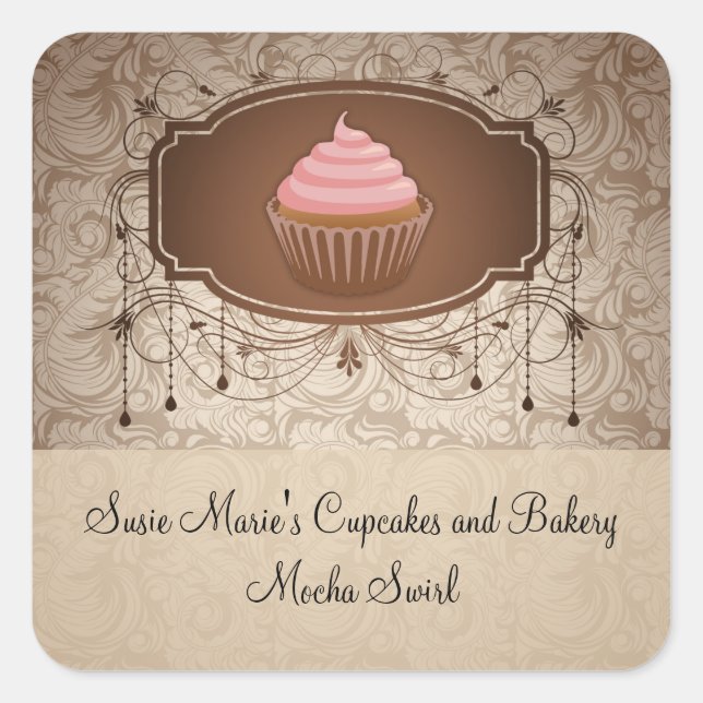 Élégant Glamor Mocha Damask Cupcake Sticker Étique (Devant)