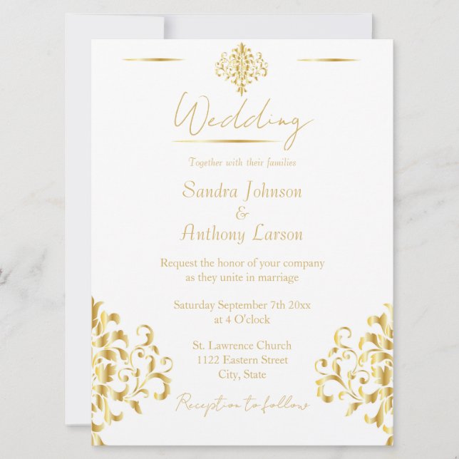 Elegant Gold and White Damask Wedding Invitation (Devant)