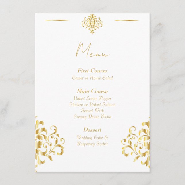 Elegant Gold and White Damask Wedding Menu (Devant)