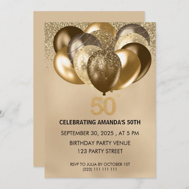 Elegant Gold Balloons 50th Birthday Invitation (Devant / Derrière)