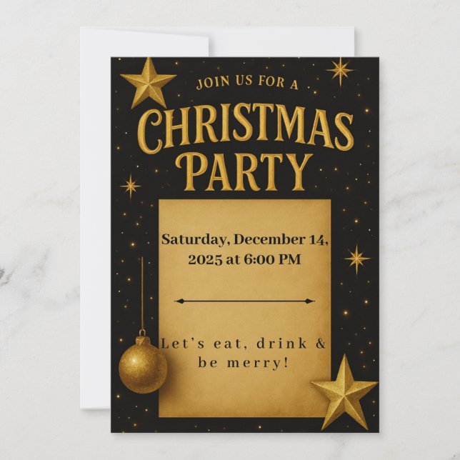 Elégant Gold & Black Christmas Party invitation (Devant)