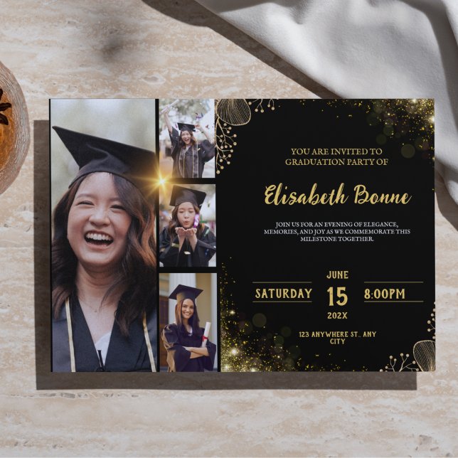 Elégant Gold & Black Graduation Party Invitation (Elegant Gold & Black Graduation Party Invitation Template with 4 Photo Slots | Customizable & Classy)
