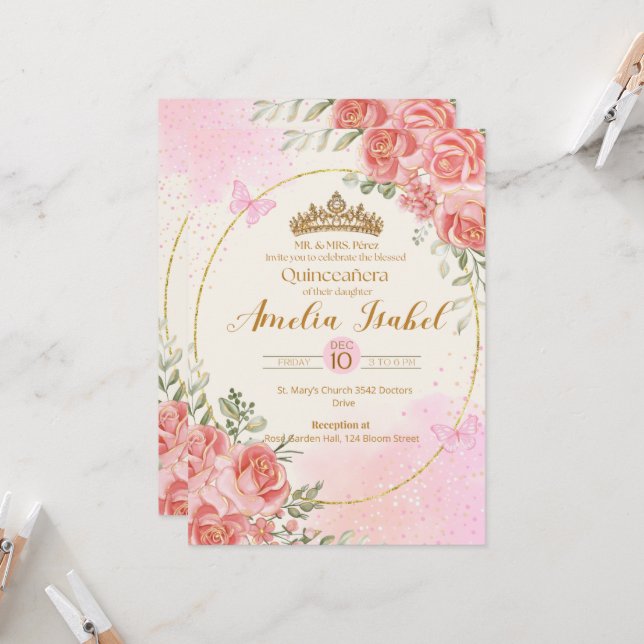 Elegant Gold & Blush Quinceañera Invitation (Devant/Arrière en situation)