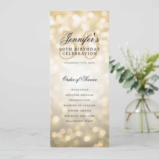 Elegant Gold Bokeh 50th Birthday Programme avec me (Debout devant)