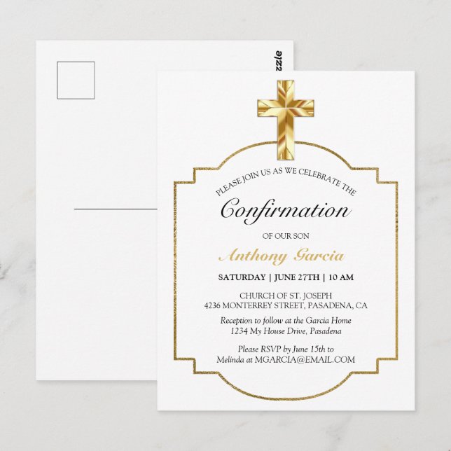 Elegant Gold Catholic Confirmation Invitation (Devant / Derrière)