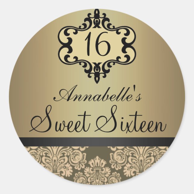 Élégant Gold Chic Damask Sweet 16 Sticker (Devant)