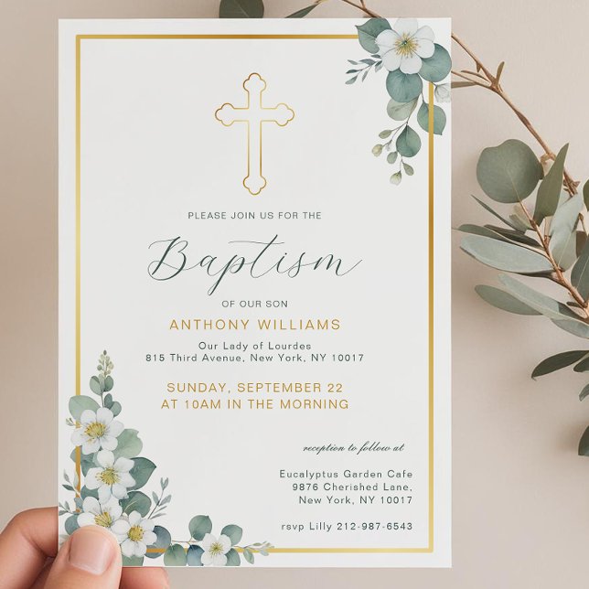 Elégant Gold Cross Baptism Invitation (Gender Neutral Baptism Invitation)