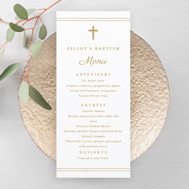 Elégant Gold Cross Baptism Menu (Elegant gold cross gender neutral baptism menu.)