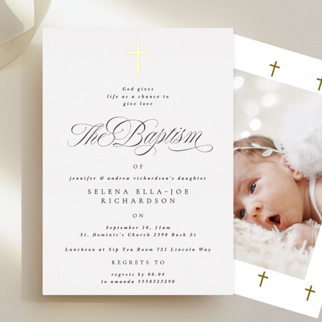 Elegant Gold Cross Baptism Photo Invitation (Créateur téléchargé)