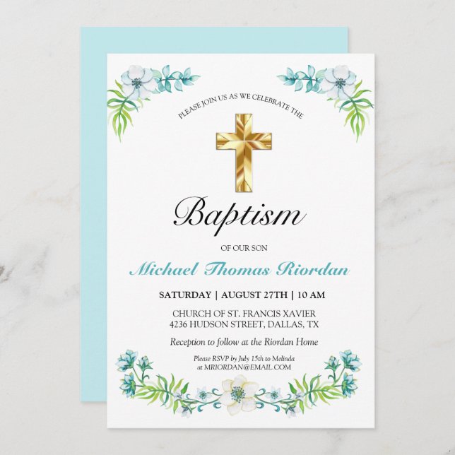 Elégant Gold Cross Boy's Blue Baptism Invitation (Devant / Derrière)