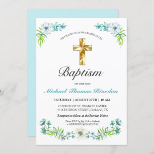 Elégant Gold Cross Boy's Blue Baptism Invitation