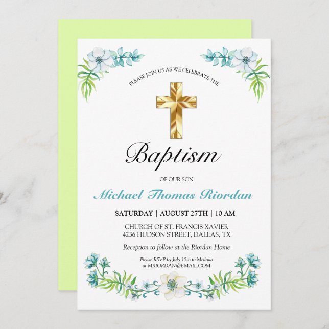 Elégant Gold Cross Boy's Green Baptism Invitation (Devant / Derrière)