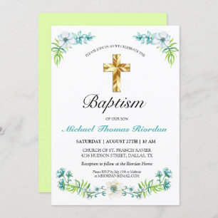 Elégant Gold Cross Boy's Green Baptism Invitation