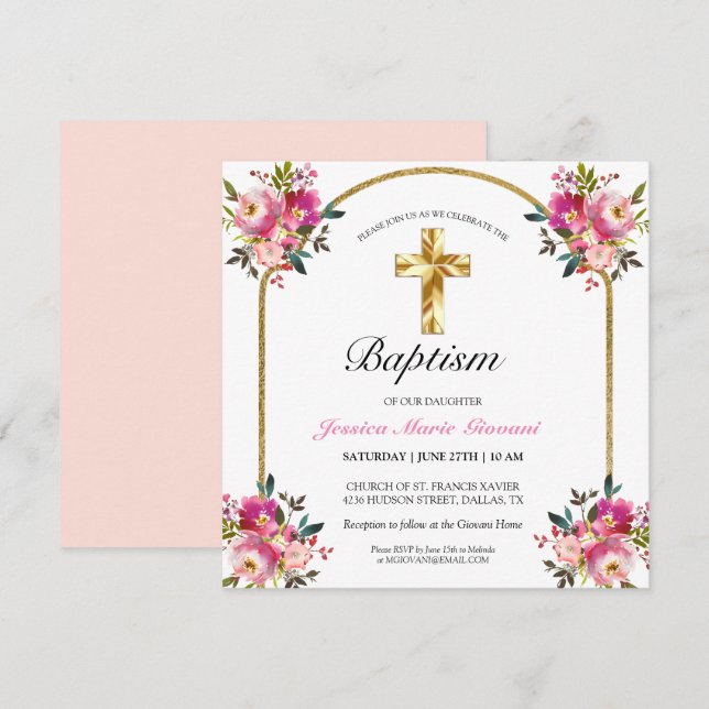 Elégant Gold Cross PInk Floral Baptism Invitation (Devant / Derrière)