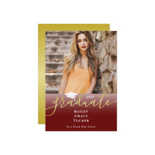 Elégant Gold Dark Red Photo Graduation Invitation