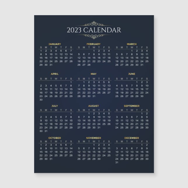 Elégant Gold et Blue 2023 Calendrier Carte magnéti (Devant)
