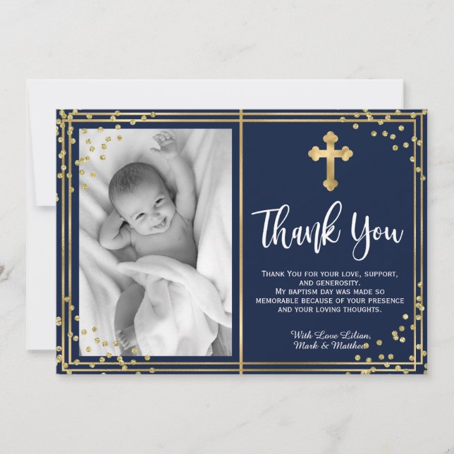 Elegant Gold et Navy Baptism Merci Cartes (Devant)