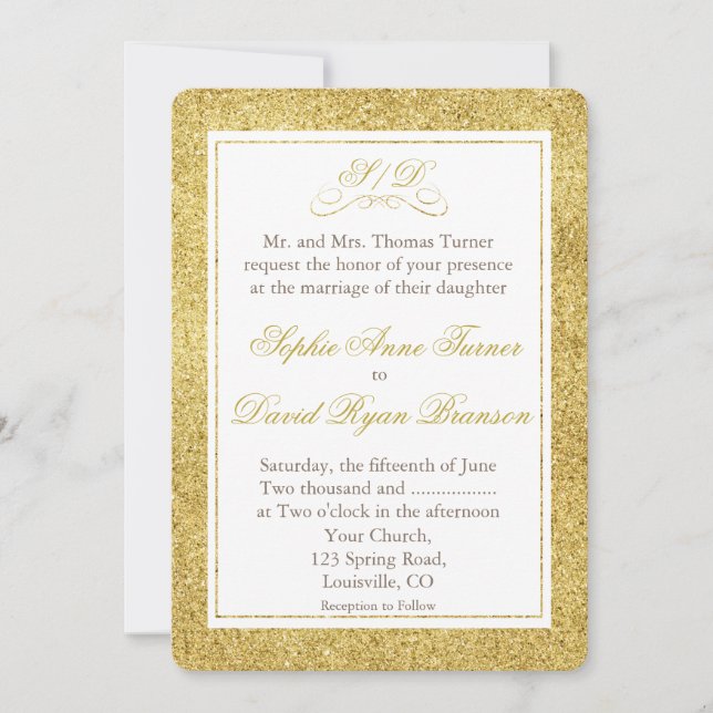 Elégant Gold et White Bordure Mariage Invitation (Devant)