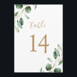 Elégant Gold Eucalyptus Green 5x7 Numéros de table<br><div class="desc">Conçue pour coordonner avec notre collection Moody Greenery mariage, cette carte personnalisable de numéros de tableau présente des feuilles d'eucalyptus vert sauge à l'aquarelle accentués d'un cadre géométrique doré et jumelés à un script élégant et une police serif élégante en gris. Pour effectuer des modifications avancées, accédez à l'option "Cliquez...</div>
