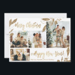 Elegant Gold Feuilles 4 Photo Collage Carte de Noë<br><div class="desc">Elégant, moderne or et blanc Feuilles botaniques 4 Photo Collage Joyeux Noël Carte de vacances. Ce modèle festif, mimimaliste, fantasque quatre (4) cartes de vacances photo présente un joli collage photo, faux feuilles botaniques feuille d'or, des hivernages et dit Joyeux Noël et Bonne Année! Le texte de salutation "Joyeux Noël...</div>