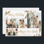 Elegant Gold Feuilles 4 Photo Collage Carte de Noë<br><div class="desc">Elégant, moderne or et blanc Feuilles botaniques 4 Photo Collage Joyeux Noël Carte de vacances. Ce modèle festif, mimimaliste, fantasque quatre (4) cartes de vacances photo présente un joli collage photo, faux feuilles botaniques feuille d'or, des hivernages et dit Joyeux Noël et Bonne Année! Le texte de salutation "Joyeux Noël...</div>