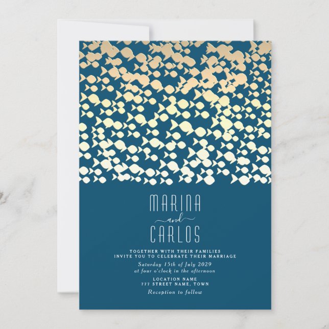 Elégant Gold Fish Motif Plage Mariage Invitation (Devant)