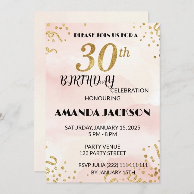 Elegant Gold Floral 30th Birthday Invitation (Devant / Derrière)