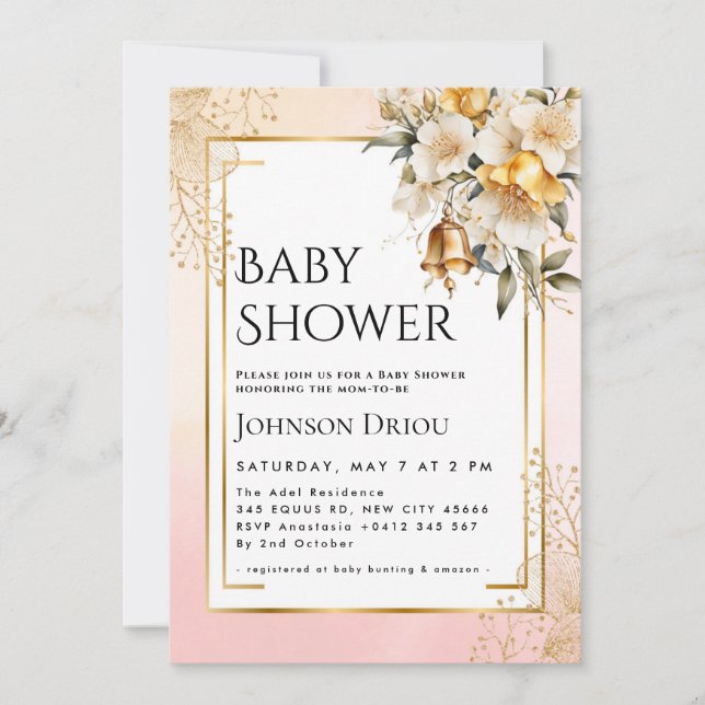 Elegant Gold Floral Baby Shower Invitation (Devant)