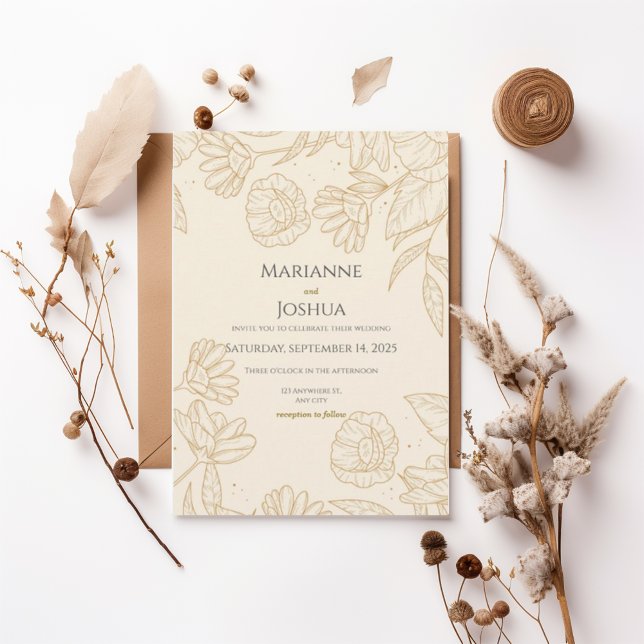 Elegant Gold Floral Line Art Wedding Invitation (Créateur téléchargé)