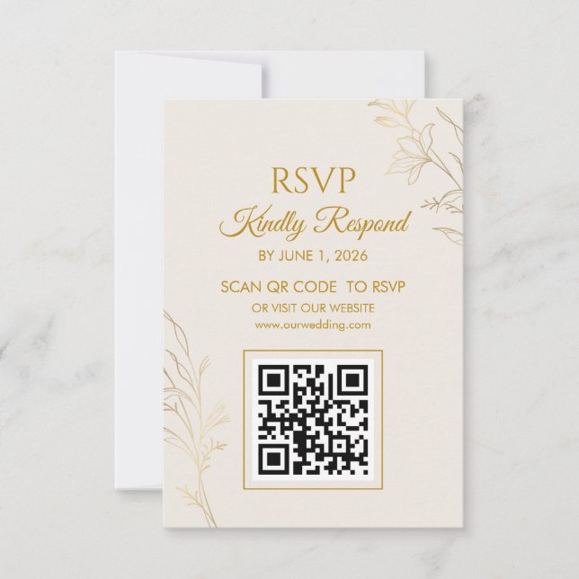 Elegant Gold Floral QR Code Wedding RSVP Card (Devant)