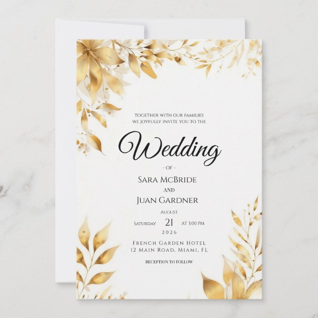 Elegant Gold Floral Wedding Invitation (Devant)