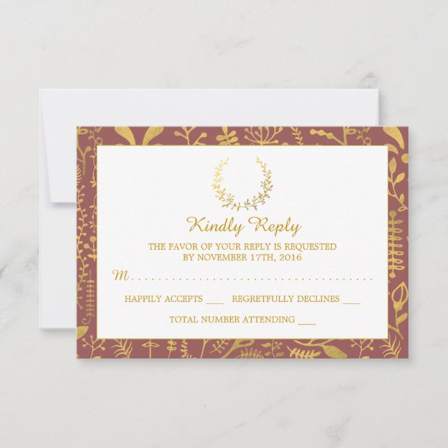 Elégant Gold Floral Wreath Wedding RSVP (Devant)