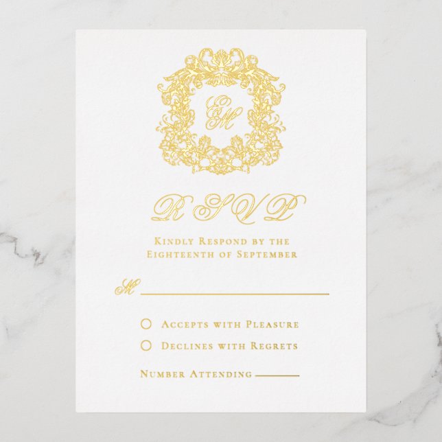 Elégant Gold Foil Crest Monogramme Mariage Carte R (Recto)