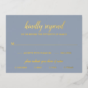 Elégant Gold Foil Dusty Blue Wedding Carte RSVP