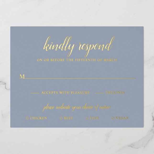 Elégant Gold Foil Dusty Blue Wedding Carte RSVP (Recto)