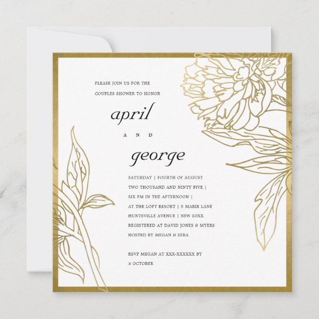 ÉLÉGANT GOLD FOIL FLORAL COUPLES DOUCHE INVITATION (Devant)