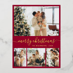 Elégant Gold Foil Script Collage Carte postale de<br><div class="desc">Élégante calligraphie Minimaliste Gold Foil Script Red 4 Photo Collage Joyeux Noël Carte de vacances. Ce modèle festif, mimimaliste, fantasque de quatre (4) cartes de vacances photo présente un joli collage photo et dit "Joyeux Noël"! Le texte de salutation "Joyeux Noël" est écrit dans une belle main lettré tourbillonnant swash-tail...</div>