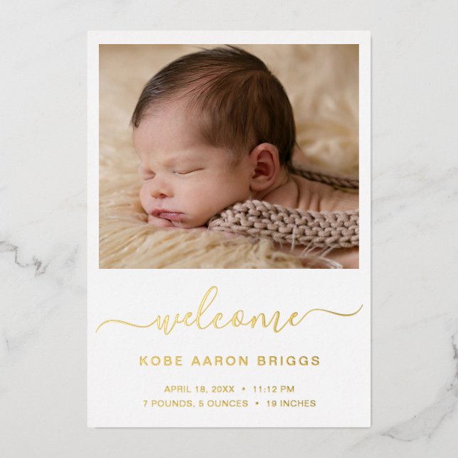 Elegant Gold Foil Simple Photo Faire-part de naiss (Recto)