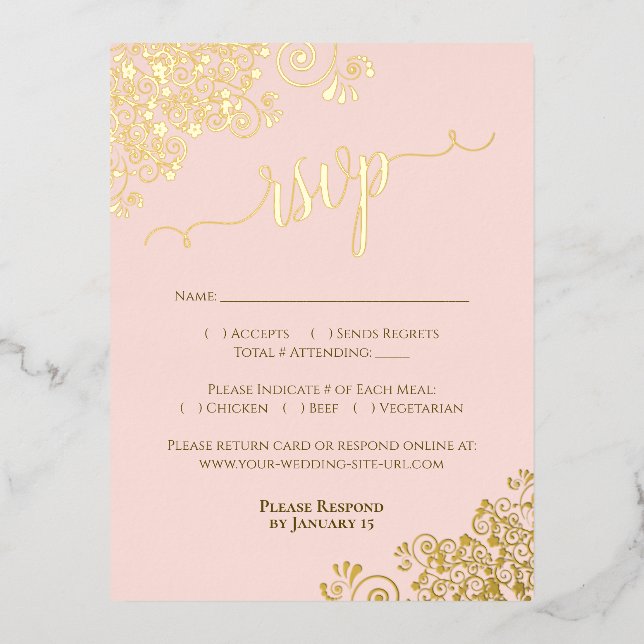 Elégant Gold Foil sur Blush Pink Wedding Carte RSV (Recto)