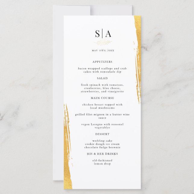 Elégant Gold Foil White Mariage Diner Menu (Devant)