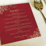 Elegant Gold Frills sur le menu Mariage Red Budget<br><div class="desc">Ces beaux menus mariages sont simples,  élégants et élégants tout en étant abordables et abordables. Elles présentent un design élégant et séduisant avec des boucles et des tourbillons en faux feuille dorés,  ainsi qu'une calligraphie de script sur un arrière - plan rouge cramoisi marbré.</div>