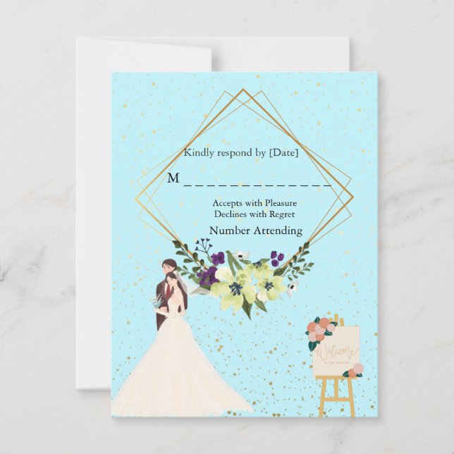 Elegant Gold Geometric Dusty Blue RSVP Card (Devant)