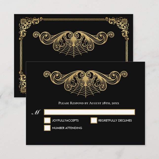 Elegant gold Gothic Halloween Wedding RSVP Card (Devant / Derrière)