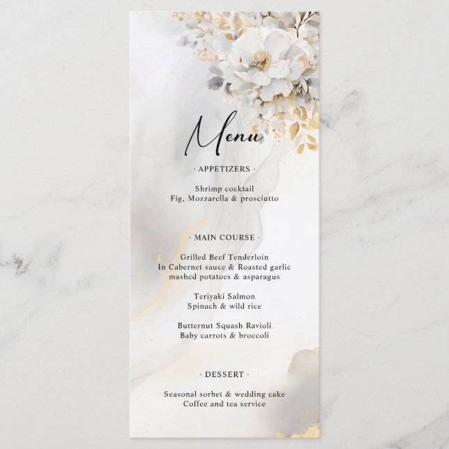 Élégant Gold Grey Gold Floral Mariage MENU (Devant)